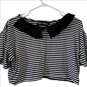 🇨🇦 Putré Fashion Alternative Goth Stripe Crop Top Black & White Lace Collar L